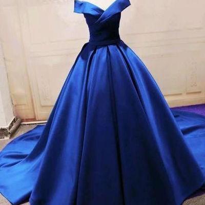 Blue Party Dress Off Shoulder Evening Dress V Neck..
