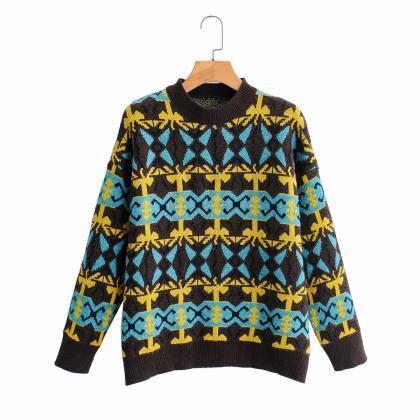 Retro Loose-fitting Haraju-pop Patterned Pullovers..