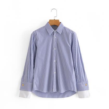 Autumn Patchwork Poplin Blouse With Sleeve Cuff