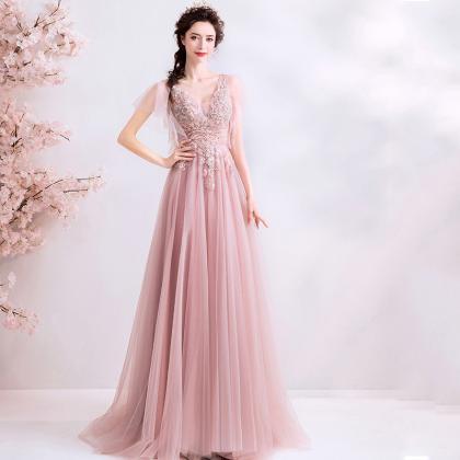 V-neck Party Dress Pink Prom Dress Charming Evenig..