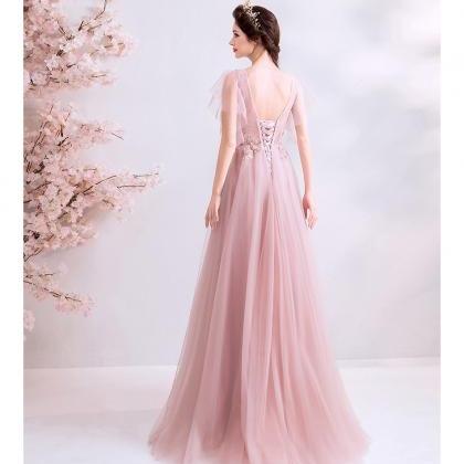 V-neck Party Dress Pink Prom Dress Charming Evenig..
