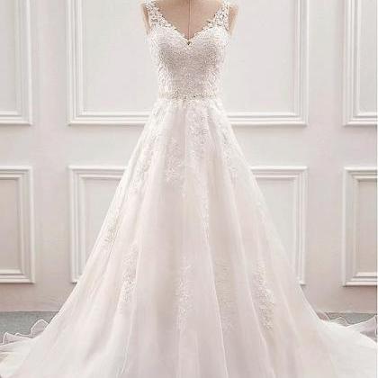 V-neck Wedding Dress White Elegant Bridal Dress..