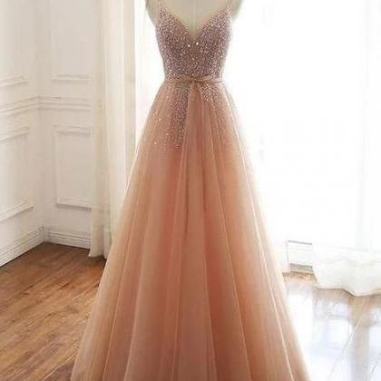 Champagne Party Dress Tulle Beads Sequin Long Prom..