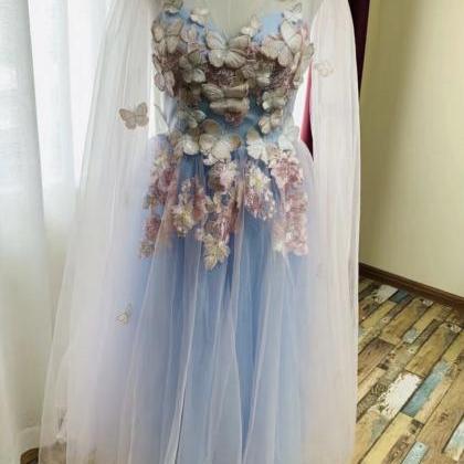 Sleeveless Prom Dress ,blue Party Dress Appquie..