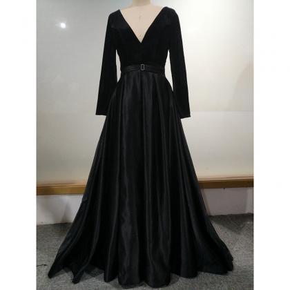 Long Sleeve Prom Dress,black Party Dress,velvet..