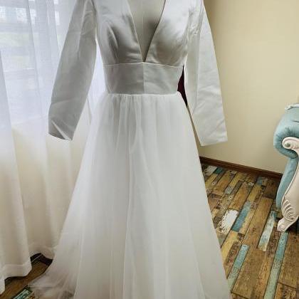 Long Sleeve Wedding Dress, V-neck Bridal Dress..