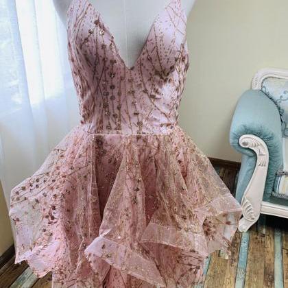Spaghetti Strap Prom Dress,pink Party Dress,short..
