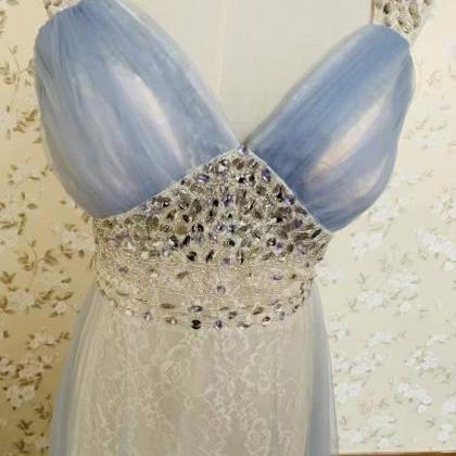 V-neck Prom Dress,blue Party Dress,tulle And Lace..