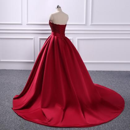 Strapless Wedding Dress, Red Floor-length Ball..