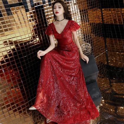 V-neck, Sequins, Elegant Dress, Red Evening..