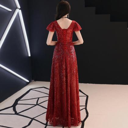 V-neck, Sequins, Elegant Dress, Red Evening..