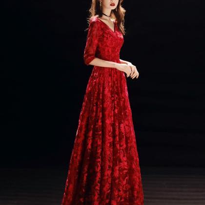 Lace Red Prom Dress, Elegant Evening Dress, V-neck..
