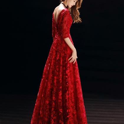 Lace Red Prom Dress, Elegant Evening Dress, V-neck..