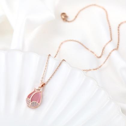 Sweet, Pink Tulip Pendant Necklace , 18k Stainless..
