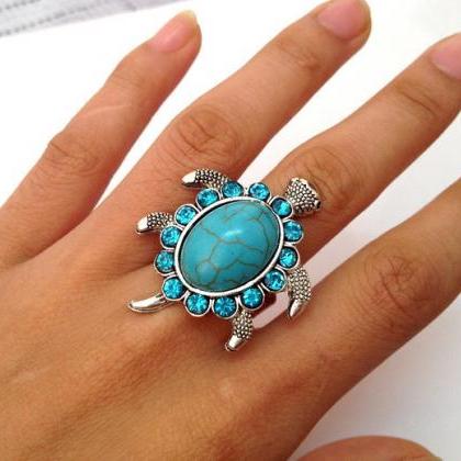 Vintage Turtle Turquoise Ring, Turtle Alloy Ring,..