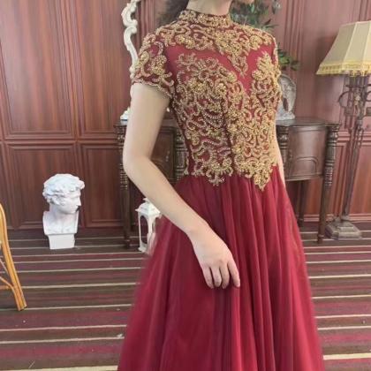 Red Hand Beaded High Quality Prom Dress, High Neck..