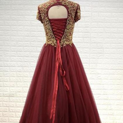 Red Hand Beaded High Quality Prom Dress, High Neck..