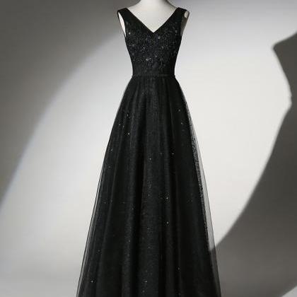 V-neck Prom Dress,black Party Dress,shiny Prom..