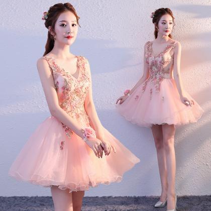 Handmade Floral ,pink Homecoming Dress, V-neck..