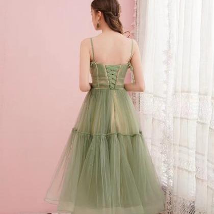 Spaghetti Strap Bridesmaid Dress,green Midi..