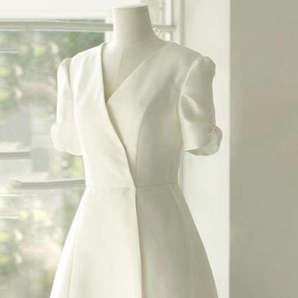 V-neck Wedding Dress,white Satin Bridal..
