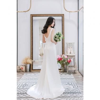 Satin Wedding Dress, Backless Bridal Dress,v-neck..
