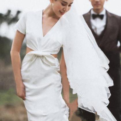 V-neck Bridal Dress, Short Sleeve Wedding..
