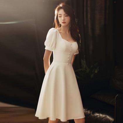 Short Sleeve Homcoming Dress,cute White Midi..