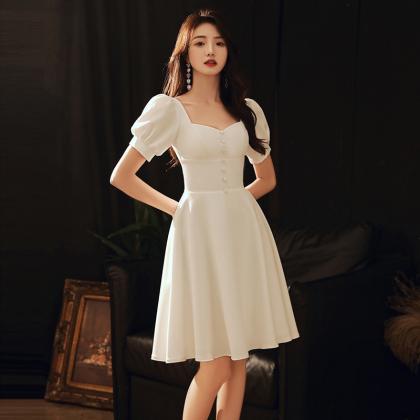 Short Sleeve Homcoming Dress,cute White Midi..