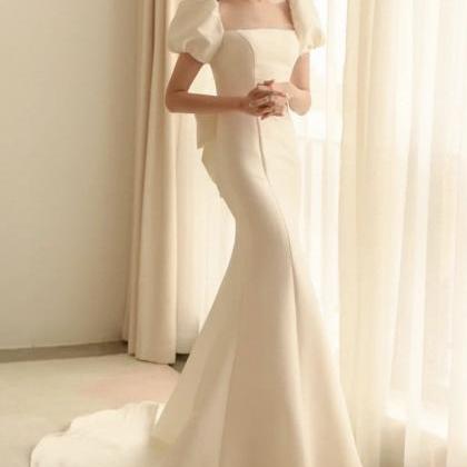 Puffed Sleeve Evening Dress, White Mermaid Evening..