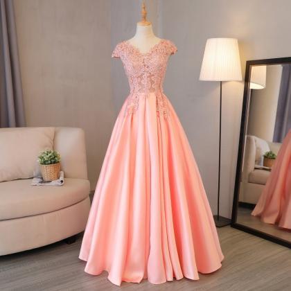 V-neck Evening Dress, Pink Bridesmaid Dress..