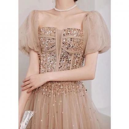 Champagne Party Dress,bubble Sleeve Evening..