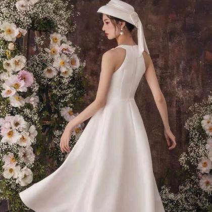 White Prom Dress,satin Bridal Dress,halter Neck..