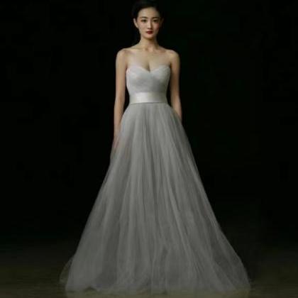 Strapless Prom Dress,gray Tulle Evening..