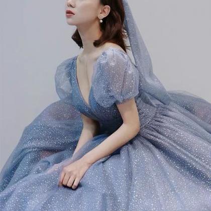 Blue Ball Gown, V-neck, High Quality, Elegant,..