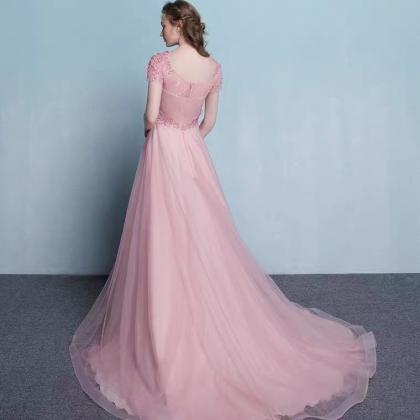 Short Sleeve Prom Dress, Long Pink Party Dress..