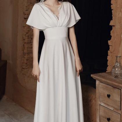 Simple, French White Wedding Dress, V-neck Fairy..