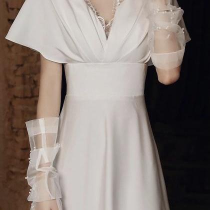 Simple, French White Wedding Dress, V-neck Fairy..