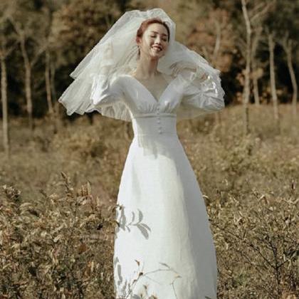 V-neck Bridal Dress,long Sleeve Wedding..