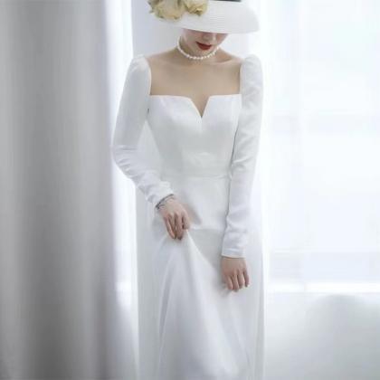 Long Sleeve Bridal Dress,satin Wedding..