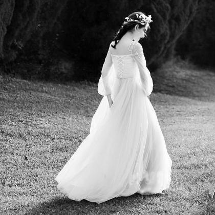 Long Sleeve Bridal Dress,off Shoulder Light Tulle..