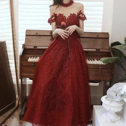 High Neck Prom Dress,red Party Dress,charming Lace..