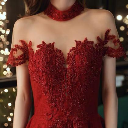High Neck Prom Dress,red Party Dress,charming Lace..