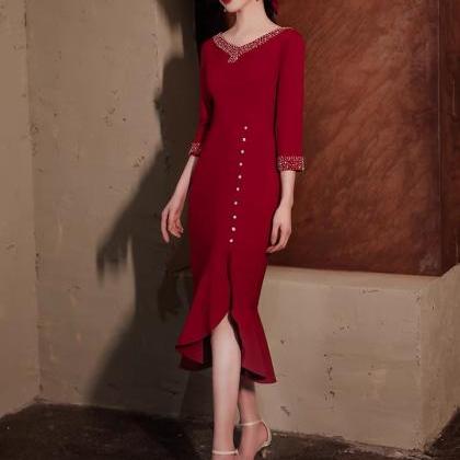 Unique,mermaid Midi Dress, Red Long Sleeve Party..
