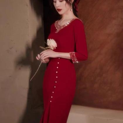 Unique,mermaid Midi Dress, Red Long Sleeve Party..