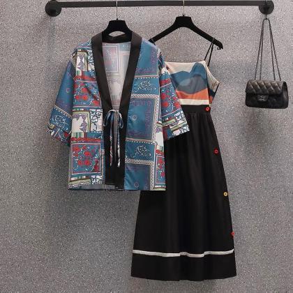 Summer Two Suits, Spaghetti Strap Dress And Kimono..