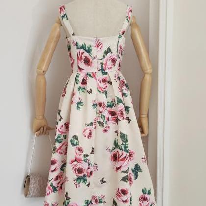 Fashion, Courtly Style, Rose Printed Dress, Slim..