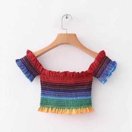 Rainbow Striped Off Shoulder Top, Elasticated..