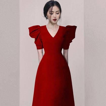 V-neck Evening Dress, Red Midi Dress,fashion,puffy..