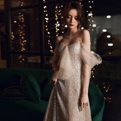 Champagne Evening Dress, Off-the-shoulder Party..